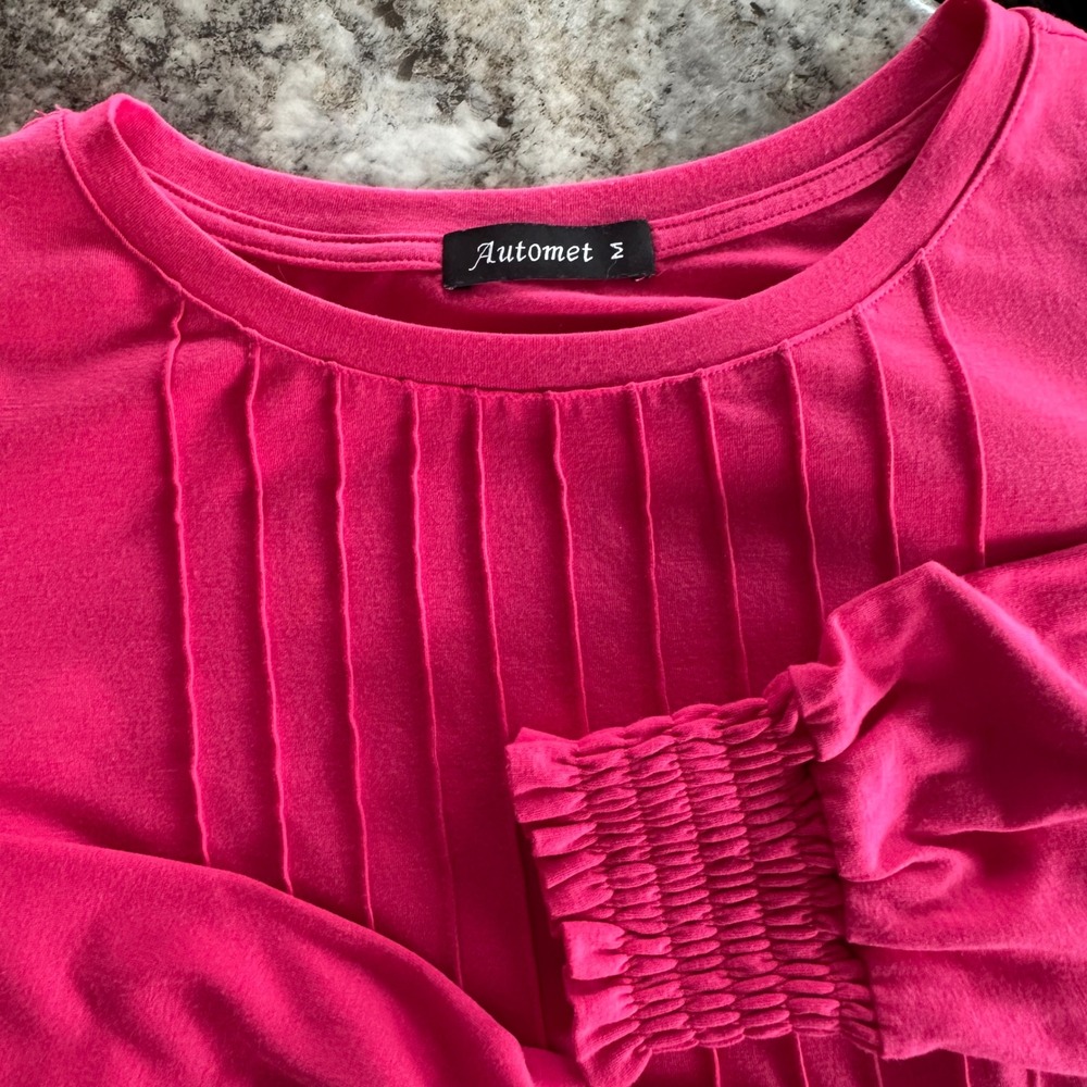 Automet Womens Hot Pink Pintuck Long Sleeve Blouse Smocked Cuff Top M Feminine